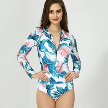 Цельный купальник с длинными рукавами, полосатая блузка с принтом листьев, женский купальник, боди, купальный костюм, женский купальник-монокини