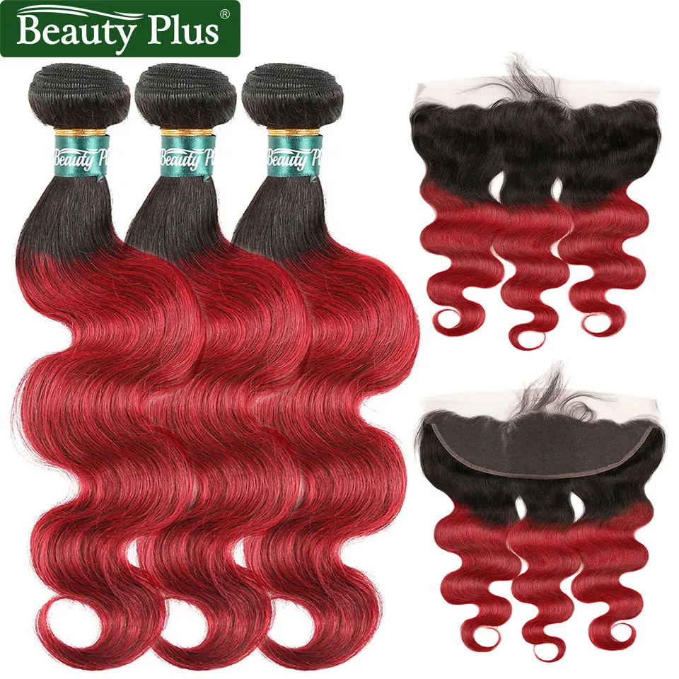 Темно-красные пучки с фронтальной бирманской волной 13x4 закрытия и Nonremy Weave beauty Plus Burgundy Ombre 3 Связки с фронтальной