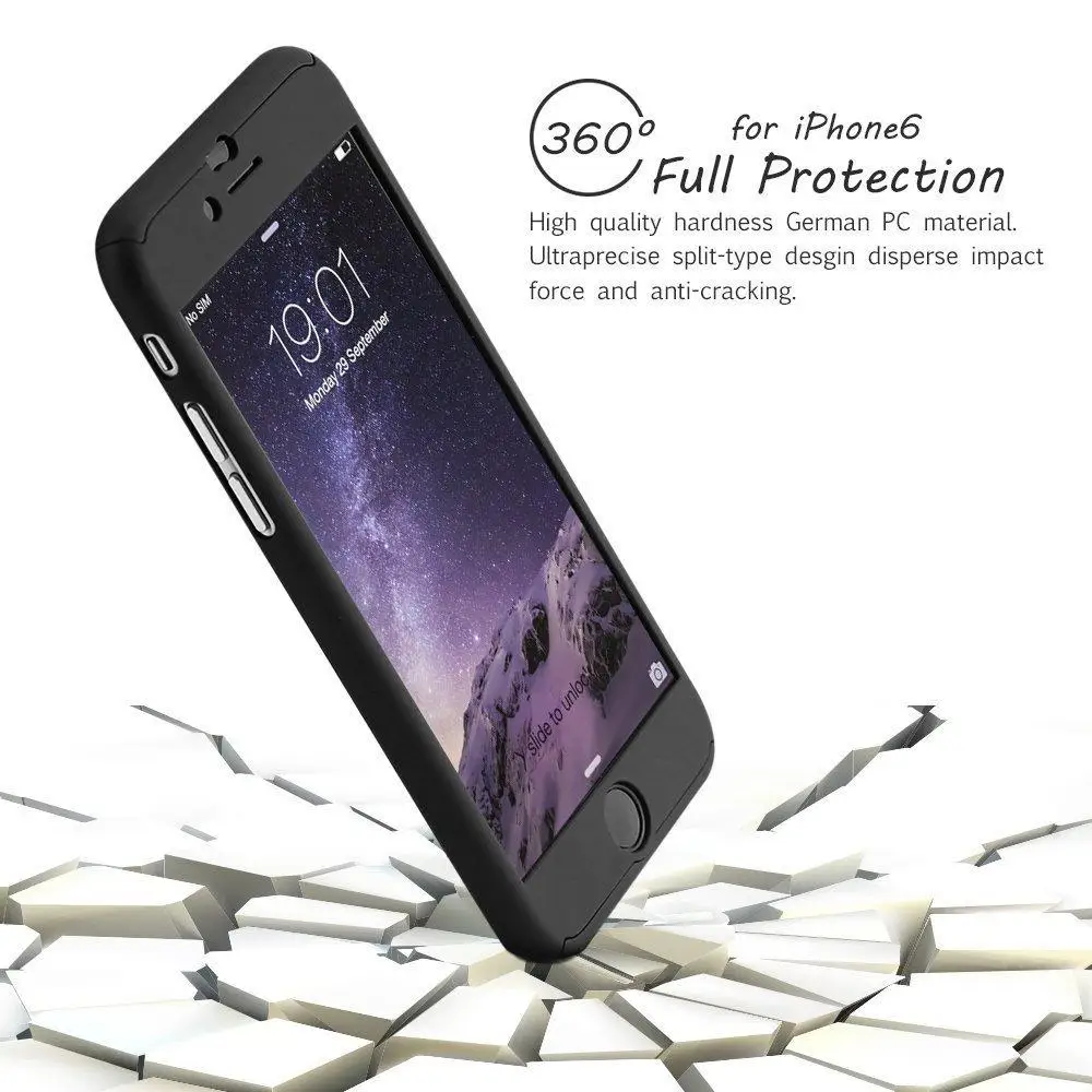 Ultra Thin Full Hard Case Cover & Tempered Glass Screen Protector for Apple iPhone 6S Black
