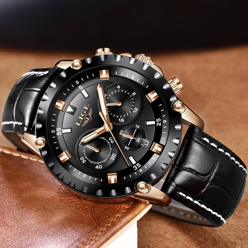 LIGE Top Luxury Men's Quartz Watch Leather Men Watches Dress Business Fashion Casual Sport Rose Gold Black Waterproof Male Clock