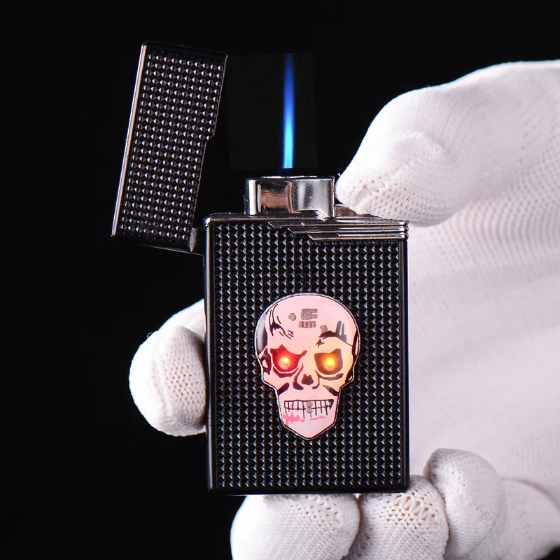 Creative Luminous Skull Head Cigarette Lighter Cigar Jet Torch Windproof Refillable Butane Gas Gadgets for men | Дом и сад