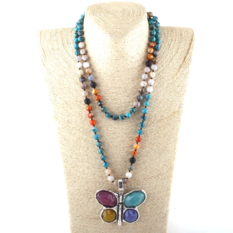 

New ! 108 Beads Mala Multi Stone Knotted Butterfly Charm Pendant Necklace Women Meditation Yoga Necklace