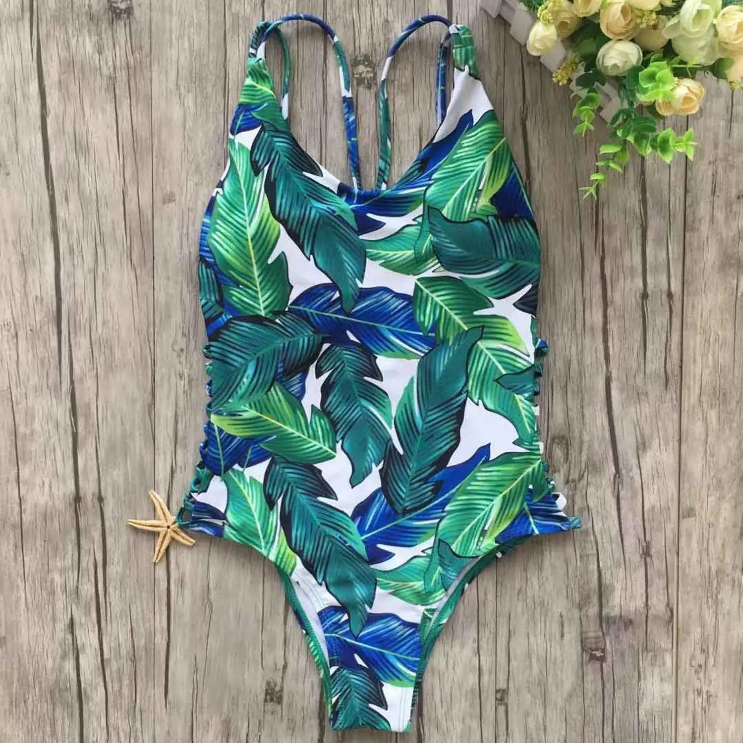 Сексуальный цельный купальник с высокой талией для женщин, новинка, с принтом, открытая спина, открытая веревка, купальник, maillot de bain femme, купальник - Цвет: Зеленый