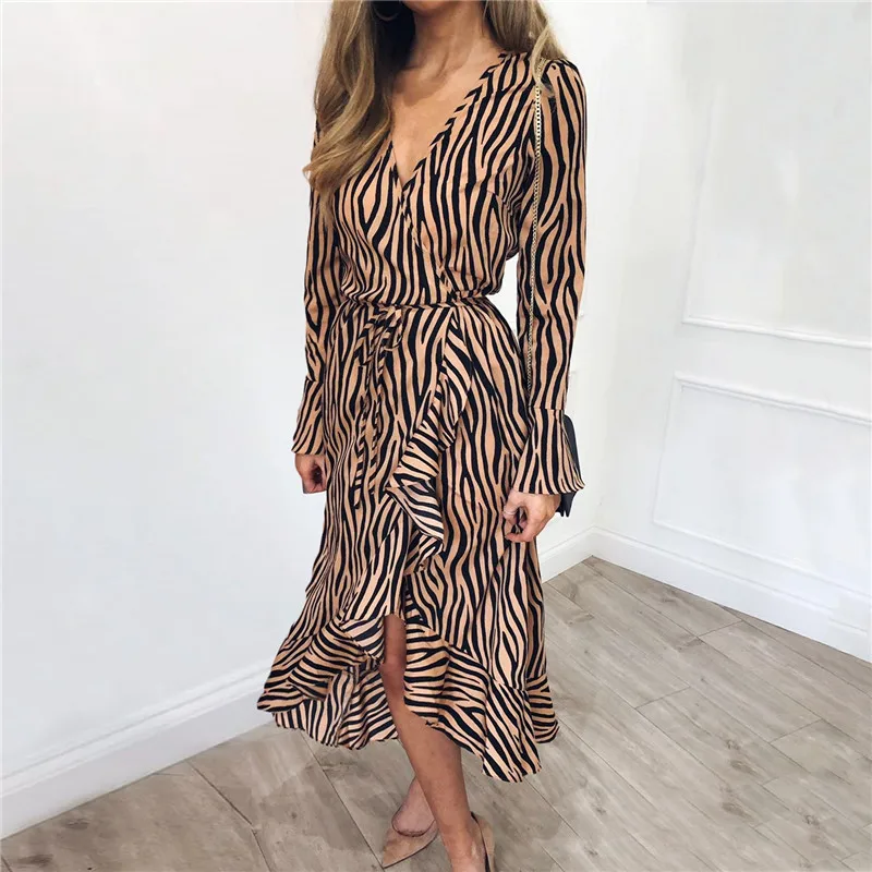 

Women V-neck Flare Sleeve Casual Dress Spring Office Lady OL Long Chiffon Dress Elegant Zebra Empire Dress with Waistband
