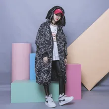 Уличной моды HARAJUKU абстрактные линии печати свободно плюс размер молнии с капюшоном maomao воротник ватные