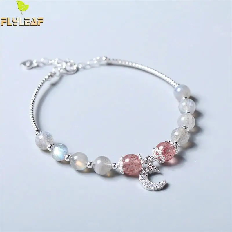 

Flyleaf 100% Nature Moonstone Strawberry Crystal Real 925 Sterling Silver Bracelets For Women Fine Jewelry Bracelets & Bangles