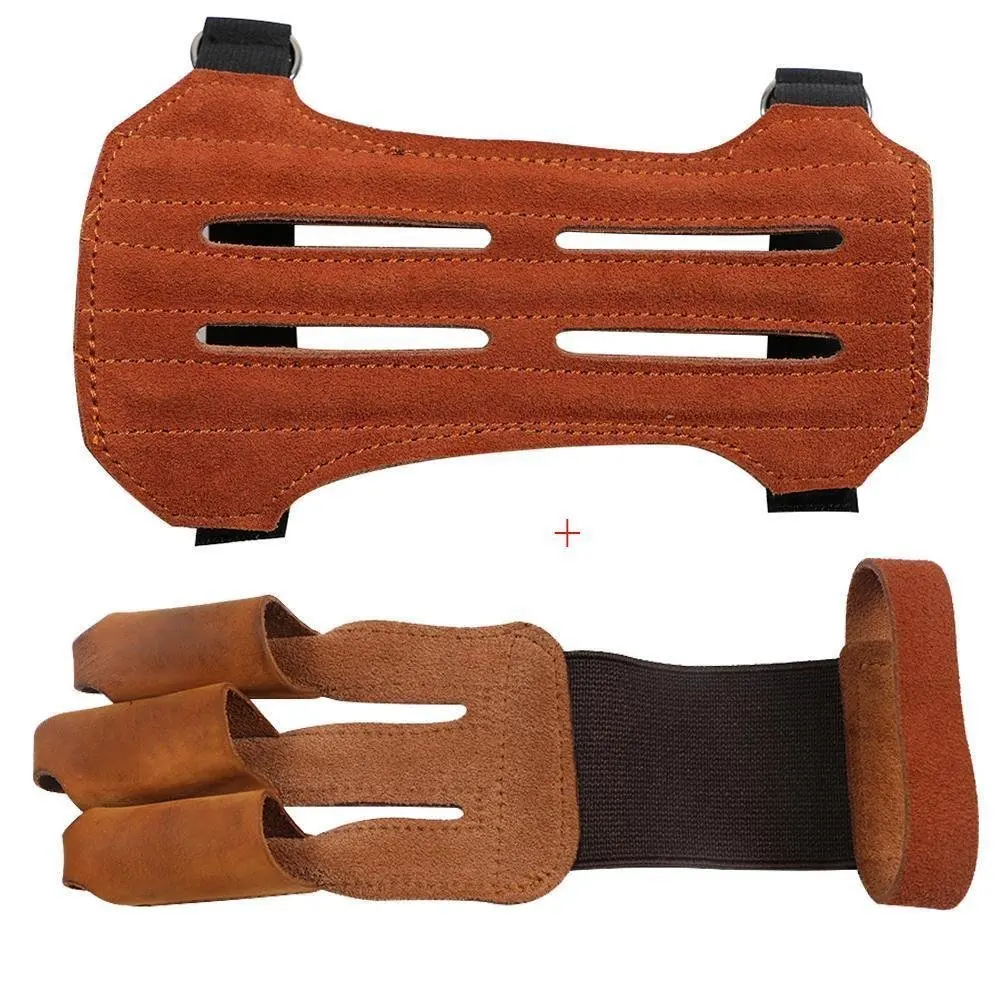 

toparchery Leather Protective Gear Arm Guard 2 Straps Hunting Target with Three Finger Gloves Tab Shooting Practice