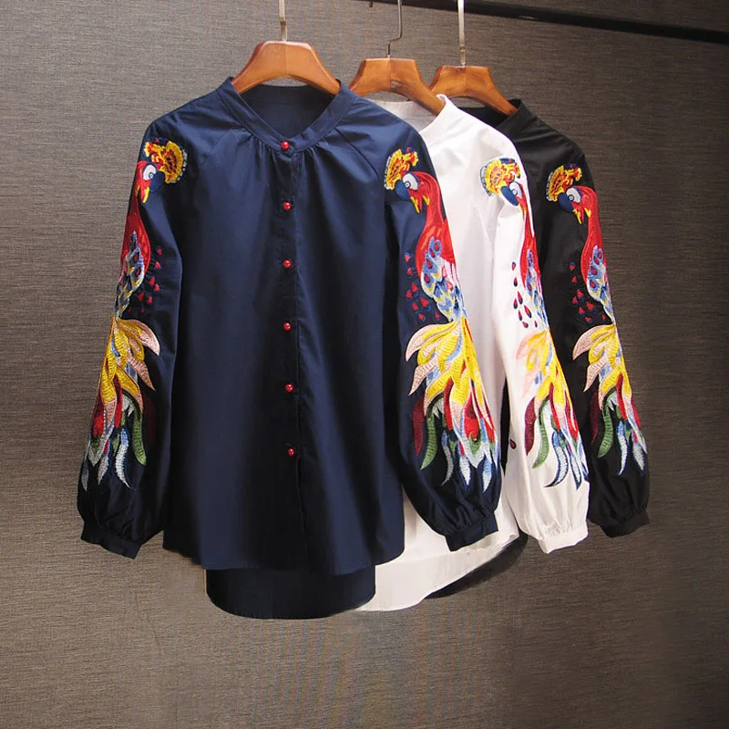 Spring and Summer Cotton Causal Shirts Embroidered Long-sleeved Shirts Woman Full Button Print O-Neck lantern Sleeve Tops