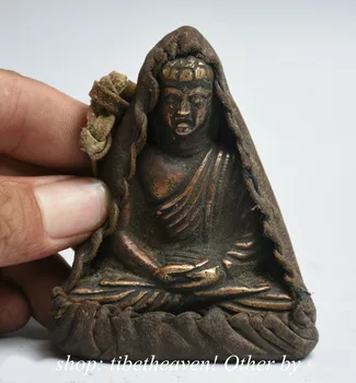 

Christmas 3.6" Tibet Bronze Leather Temple Shakyamuni Amitabha Buddha Hang Ghau Shrine Box Halloween