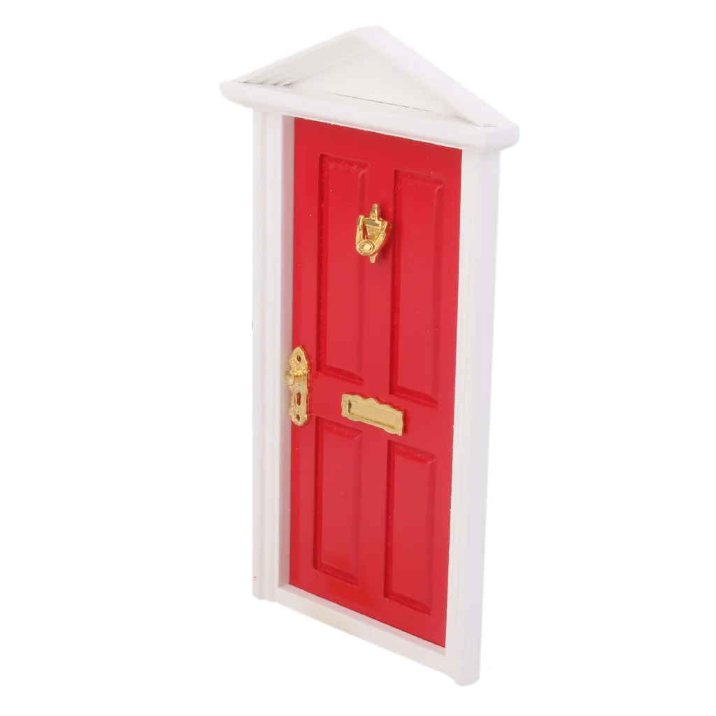  1:12 Dollhouse Miniature Luxury Wooden Red Exterior Door 4 Panel w Key Furniture Toys