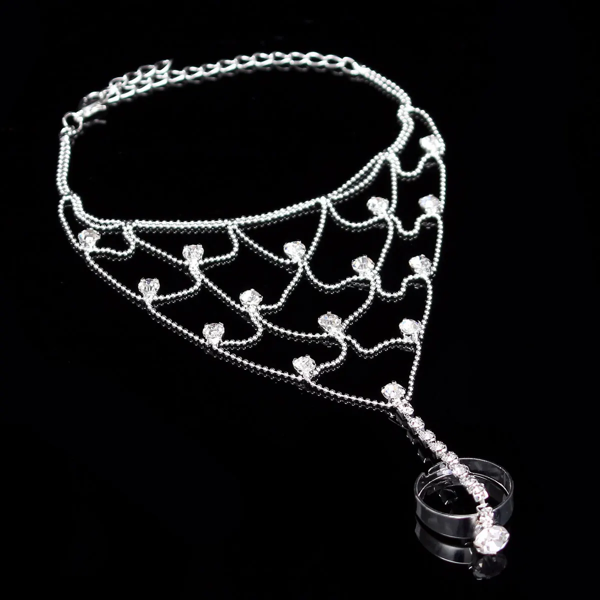 Трендовый сетчатый Браслет-цепочка на руку с кольцом на палец, Кристальные рабские браслеты, браслет для женщин, свадебные ювелирные изделия