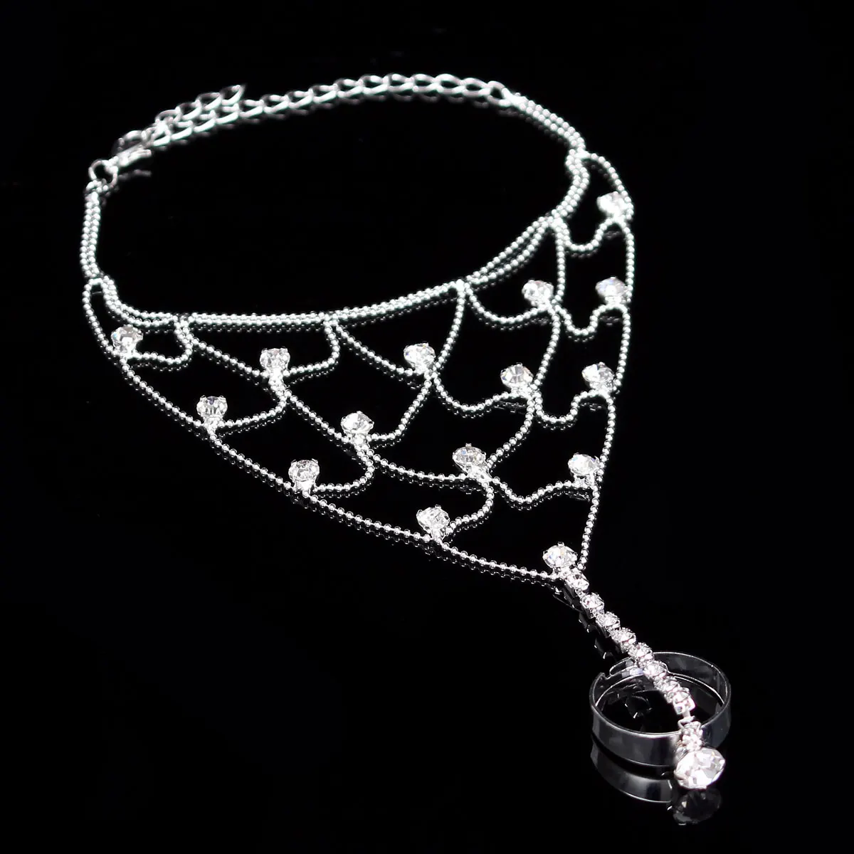

New Trendy Net Mesh Hand Chain Bracelet With Finger Ring Crystal Slave Bracelets Bangle Women Bridal Wedding Jewelry 2017