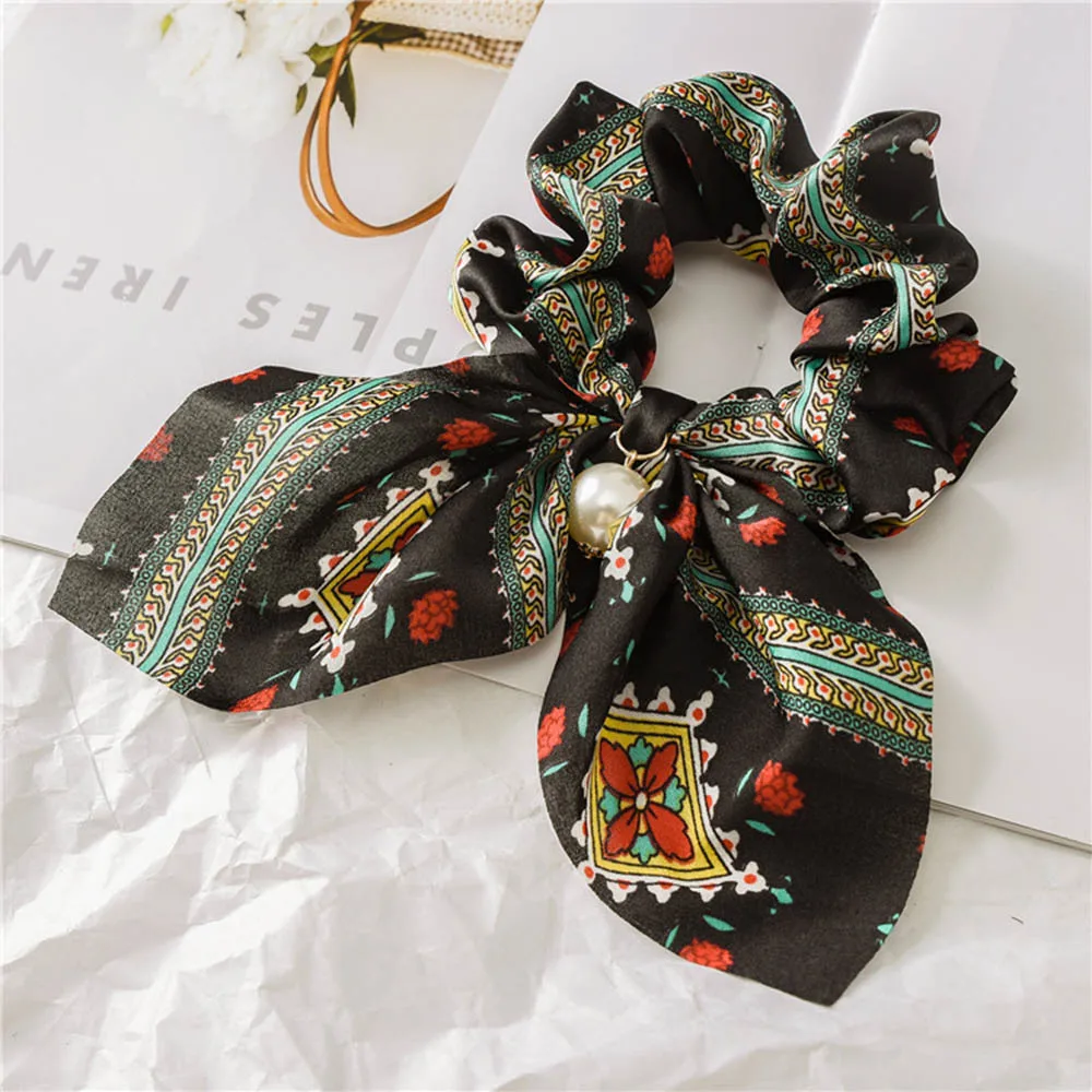 2021 New Chiffon Bowknot Silk Hair Scrunchies Women Pearl Ponytail Holder Hair Tie Hair Rope Rubber Bands Hair Accessories elastic headbands for women