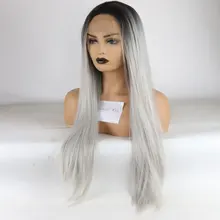 Bombshell черные корни Омбре серебристо-серые длинные прямые волосы синтетические парики на шнурках спереди бесклеевая Термостойкое волокно для женщин парик