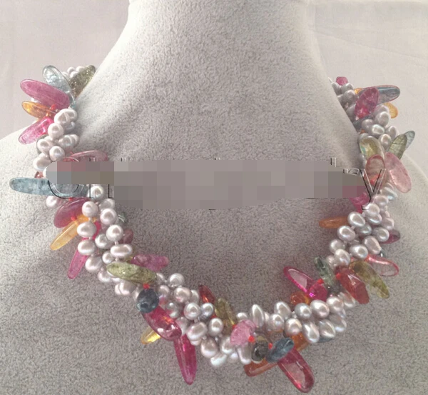 

HOT 003233 4row 8-26mm gray baroque rice freshwater pearl + multicolor crystal necklace