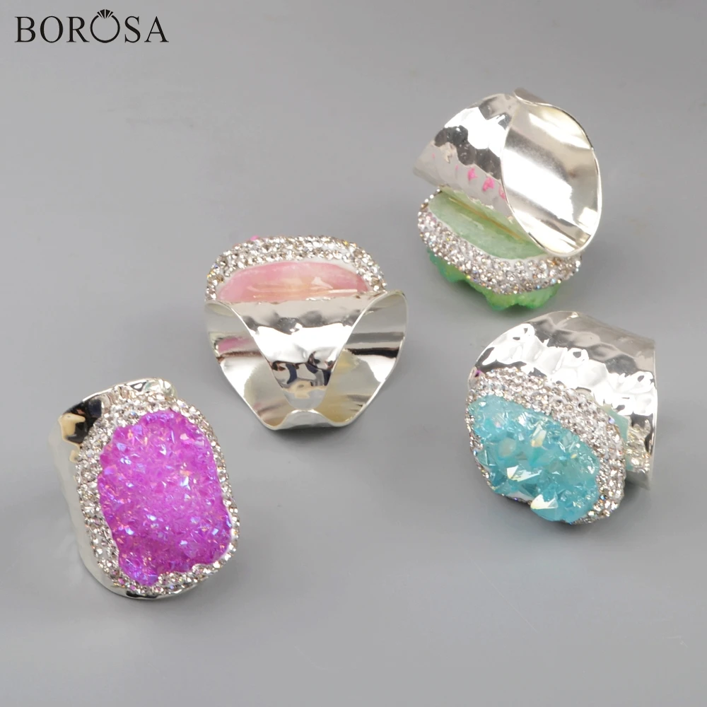 BOROSA 5 шт. Новинка Посеребренные стразы выложены кулон Агаты Друза кольцо Радуга AB