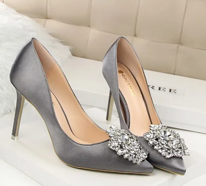 Tree Silver Gray Black Women Bridal Wedding Shoes Faux Silk Satin Tree Silver Gray Black Women Bridal Wedding Shoes Faux Silk Satin Rhinestone Crystal Shallow Woman Pumps Stiletto High Heel In S From