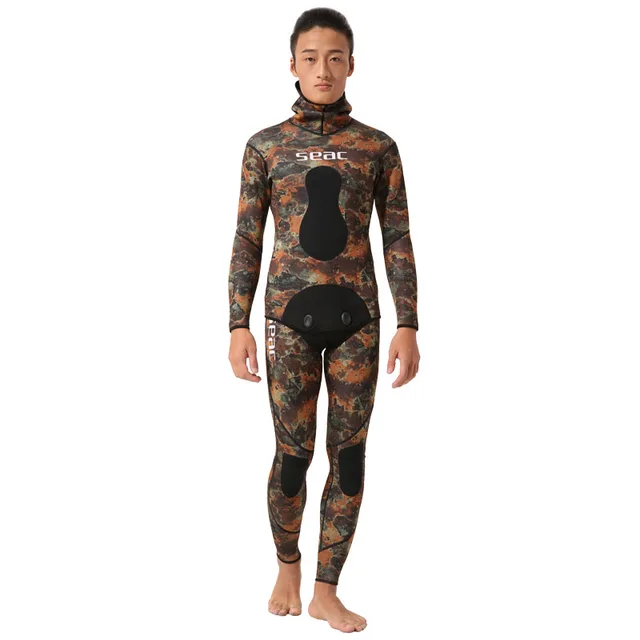 Cheap SEAC Mens Camo Stealth Neoprene Spearfishing Suits 3 Thickness Available With Hooded Sealed Diving Spearfishing Wetsuits