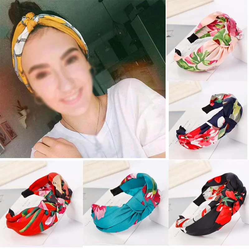 

Korean Style Women Flower Floral Bohemian Headband Vintage Cross Knot Elastic Hair Bands for Women Elastic Boho Hairband Turban