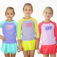 USEEMALL новые купальники для девочек Одноцветный полосатый купальник для девочек раздельные юбки купальные костюмы Детская Приморская быстросохнущая одежда