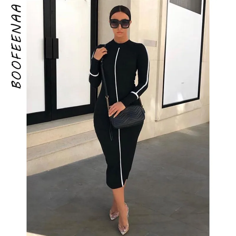 

BOOFEENAA Mock Neck Long Sleeve Midi Bodycon Dress Autumn 2019 Streetwear White Black Patchwork Casual Pencil Dresses C83-AA21