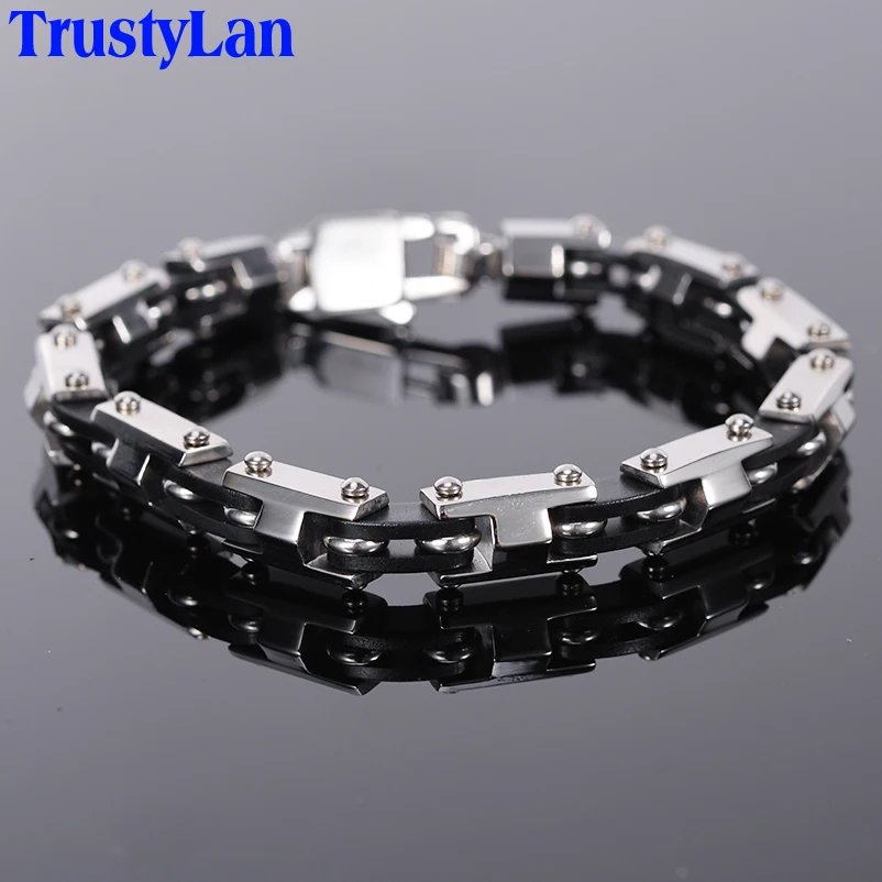 

TrustyLan Punk Goth Rock Men Jewelry Cool Solid Stainless Steel & Silicone Mens Friendship Bracelets 2018 Armband Heren Bracelet