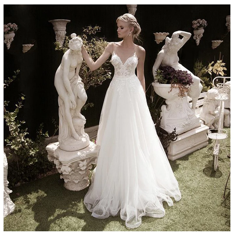 

DZW704 Sexy Wedding Dreess 2019 Beach Bride dress Lace Top Appliques Backless Cheap Modest Hot sale Wedding Gowns