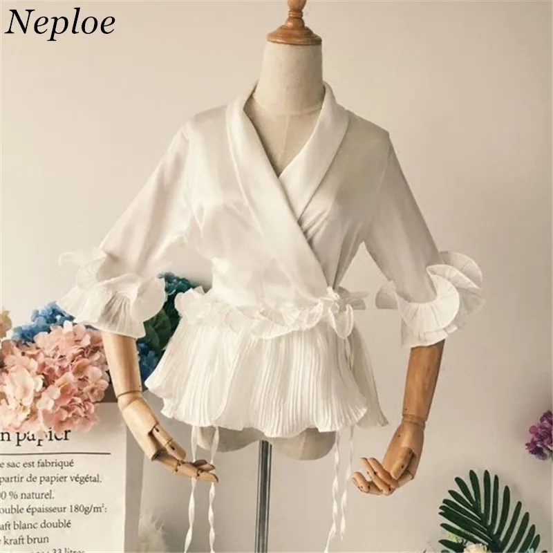 

Neploe Ruffles Patchwork Women Blusas 2019 European New Fashion Slim Lace Up Shirts Three Quarter Sleeve Female Blouse 66855
