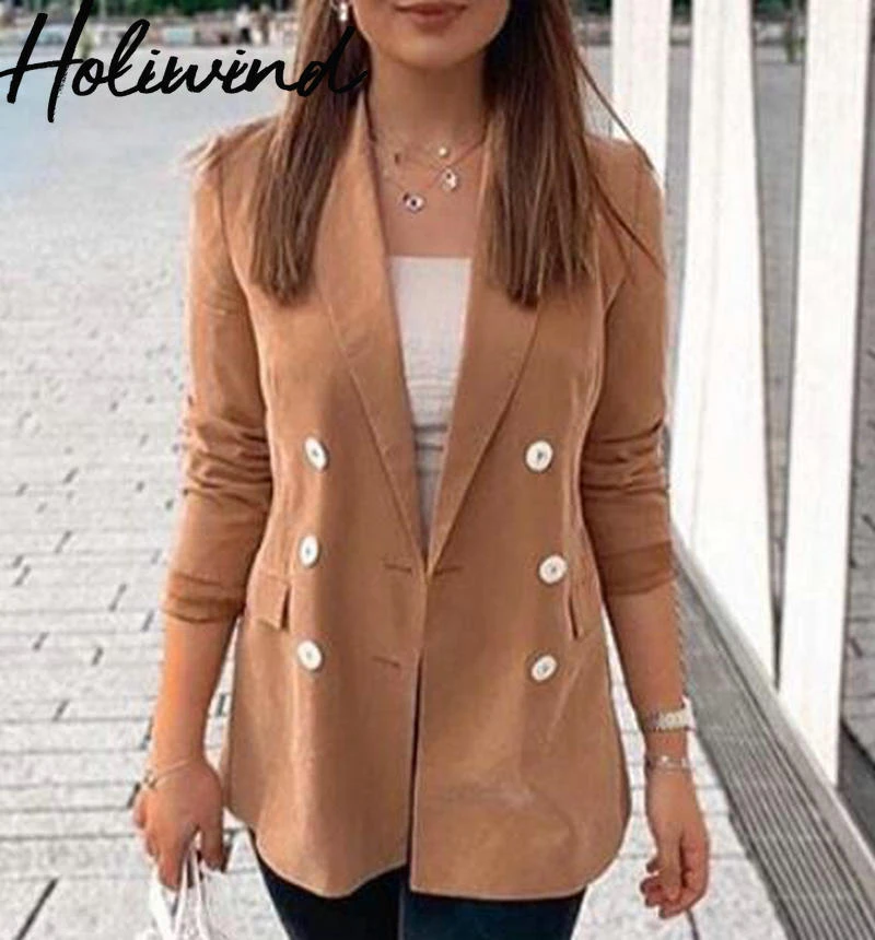 

2019 Autumn New Women Double Breasted Office Lady Blazer Coat Elegant Pockets Slim Camel Blazer And Jacket Red Green Blazers