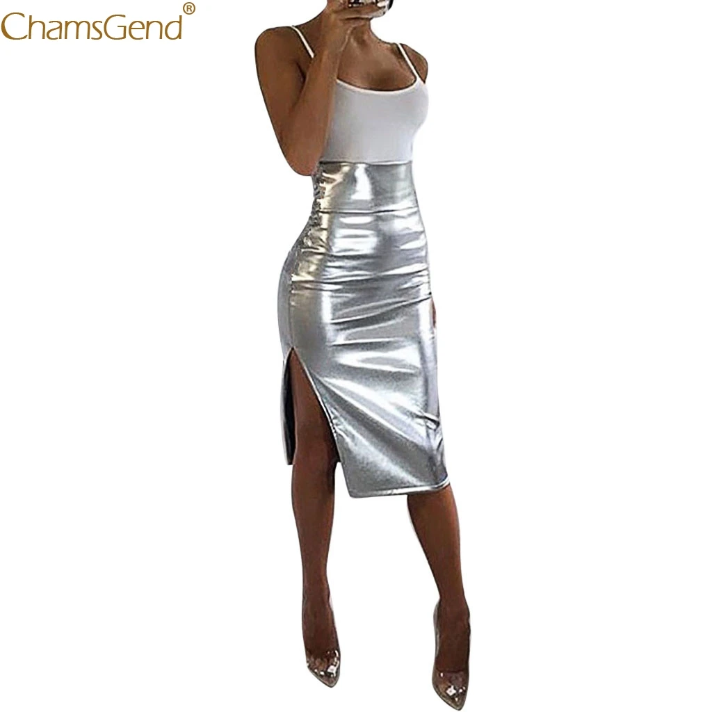 

Solid Slim High Waist skirts womens with design summer skirts womens Slim High Waist Push up Hip Bright Leather Silver Mar