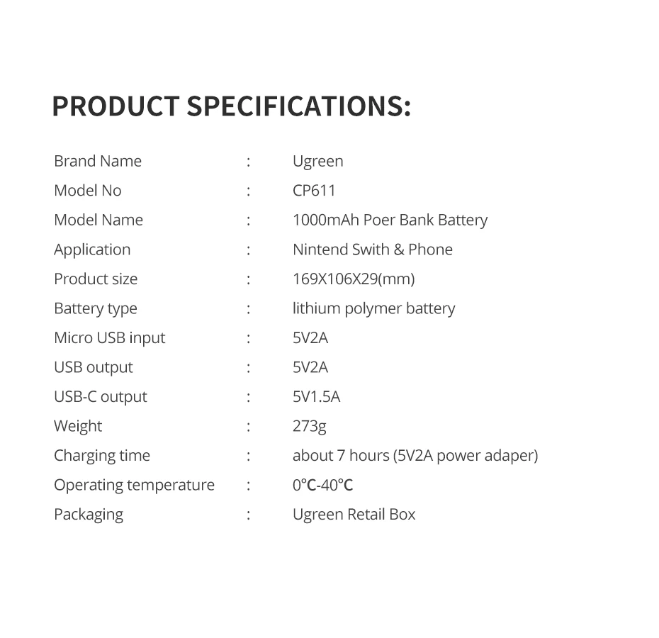 Ugreen, 10000 мА/ч, Дополнительный внешний аккумулятор для Kind Switch Chager battery 5V2A, быстрая зарядка для телефона, для nintendo, стойка-переключатель, док-станция