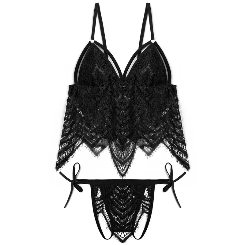 

Black Lace Sexy lingerie Set Women Sleepwear V Neck Sleeveless Lace Bralette Pantie transparent Lingerie boho wind strap pajamas