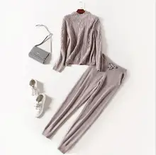 European and American women’s wear 2017 The new winter Long sleeve collar Hemp knit sweater trousers suits