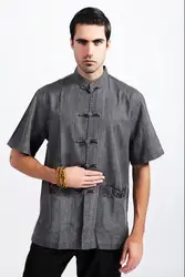 Новая модная летняя черный серый традиции китайской Для мужчин хлопок лен кунг-фу Рубашка с карманом M, L, XL XXL, XXXL M24