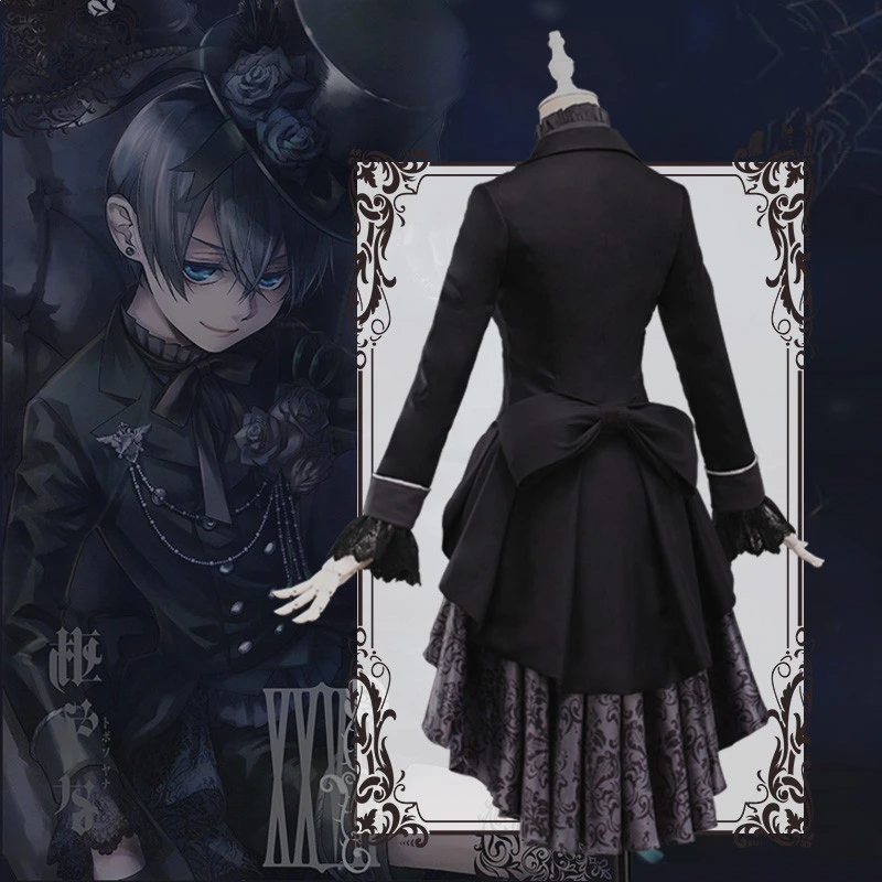 Черный маскарадный костюм дворецкий Ciel Phantomhive аниме черное розовое платье