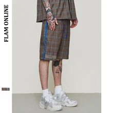 FLAM ONLINE Plaid Casual Shorts High Street Shorts Men Street wear Elastic Short Pants Lattice Drawstring Shorts For Men men zip decoration drawstring shorts