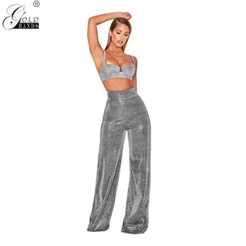 

Gold Hands Fashion Lady Street Wear Casual High Waist Solid Flat Wide Leg Pants Vintage Zipper Fly Pants Shiny Loose Women Pants