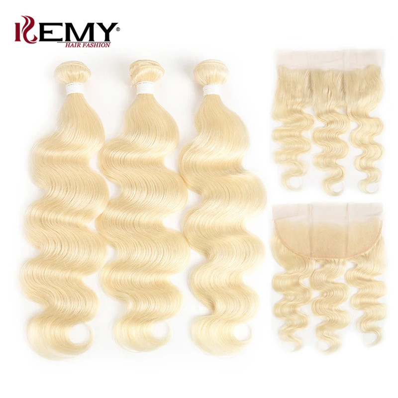 

Platinum Blonde Human Hair Bundles With Frontal KEMY HAIR Brazilian Body Wave Hair Extensions 3PCS Non-Remy Hair Weave Bundles