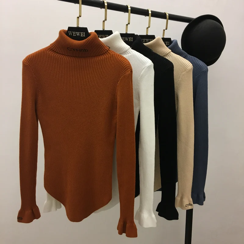 

2018 New Spring Autumn Women's Turtleneck Embroidery Letter Pullovers Lady Fashion Swing Long Sleeve Knit Sweater OL Tops