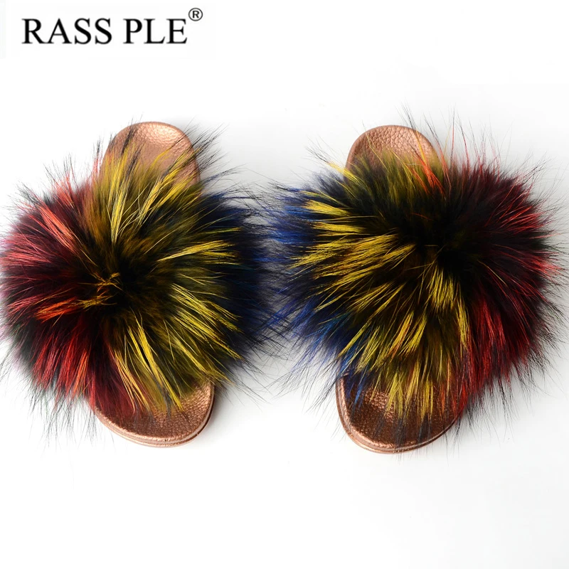 

RASS PLE Real Fox Fur Slippers Slides Open Toe Flip Flops Women's Furry Fluffy Slippers House Shoes Mule Sandals Slip On Shoes