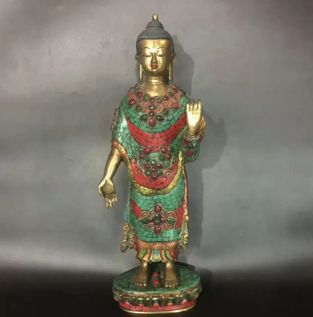 

Asian antique Tibetan gilt turquoise Copper Buddha Statue/Super large Size Old Handwork Inlaid gemstones Sakyamuni sculpture