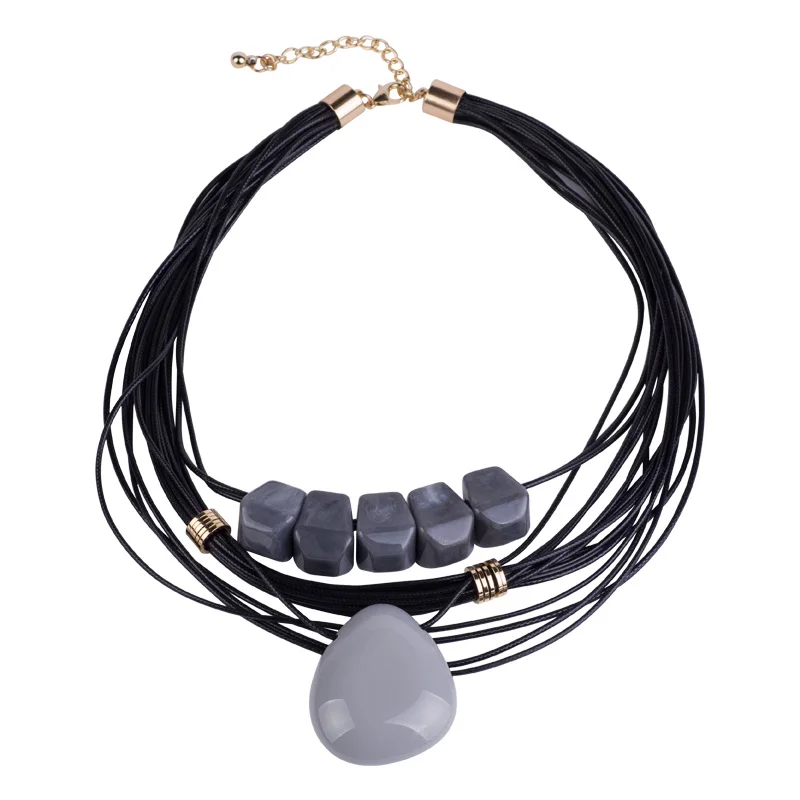 Винтажное модное акриловое женское ожерелье с большими каменными бусинами, подвеска из смолы, Длинные Кожаные Цепочки, ожерелье, подарки, ювелирные изделия - Окраска металла: gray