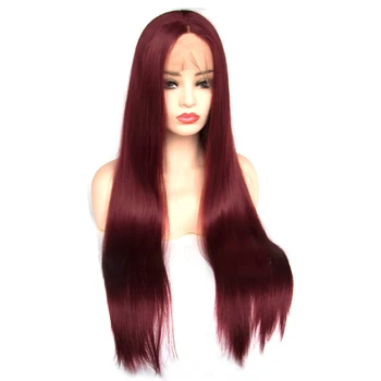 

V'NICE Dark Wine Red Long Straight Synthetic Lace Front Wig Natural Hairline Free Part Glue-less Heat Resistant Wigs 150 Density
