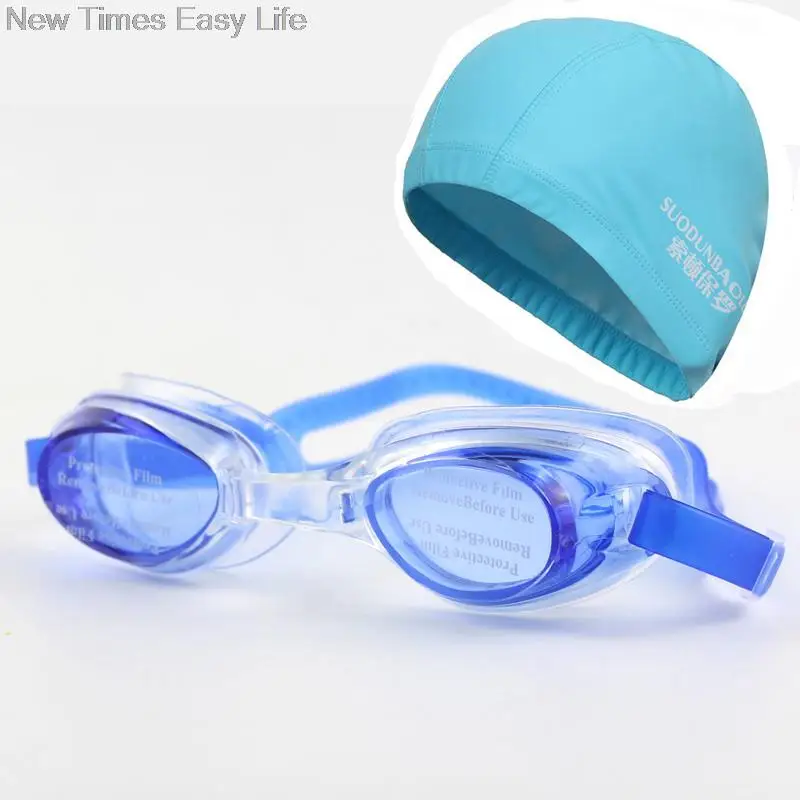 Adult Waterproof Swim Swimming Goggles Eyewear Glasses w/ Case & Ear Hair Protection PU Fabric Cap Hat For Men Women Ladies