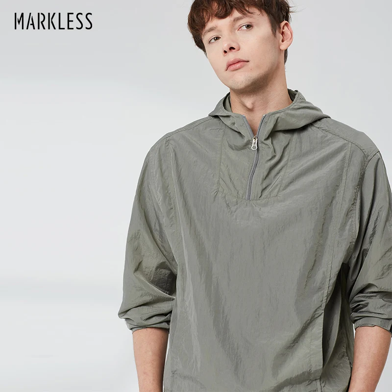 

MARKLESS Mens Hoodied Lightweight Hydrophobic Sunscreen Sweatshirt Solid Antifouling Loose Pullover WTA9152M
