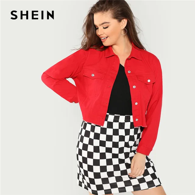 SHEIN Streetwear Plus Size Frayed Hem Red Cotton Crop Denim Jacket