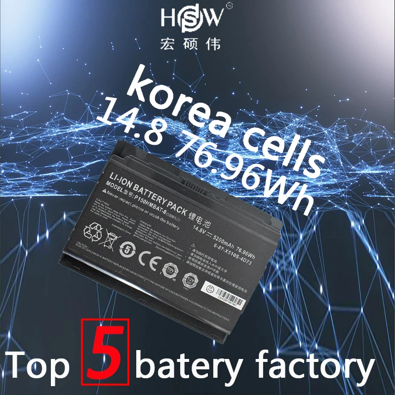 

HSW 14.8V 76.96Wh P150hmbat-8 battery for Sager Clevo 6-87-x510s-4j72 Np8150 Np8130 Clevo P150hm P151hm bateria akku