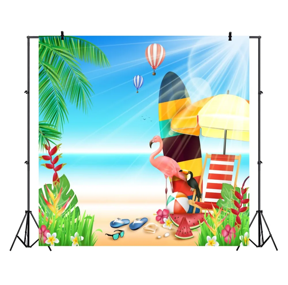 Laeacco Tropical Sunny Beach Flamingo Hot Air Balloon Baby Cartoon Photography Backdrops Photographic Backgrounds Photo Studio