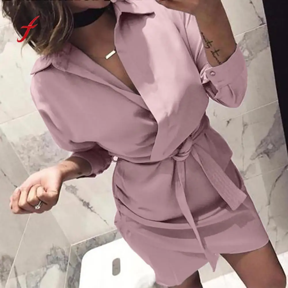 

Shirt Dress 2018 Women Autumn Dress Long Sleeve Turn-Down Collar Casual T Shirt Dress 4 Colour Casual Mini Office Dress