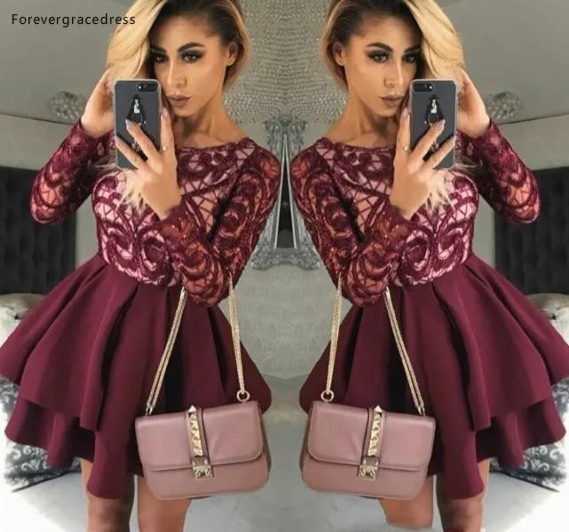 Layer Ruffles Skirts Burgundy Short Homecoming Dresses A Line Crew Neck Vintage Long Sleeves Cocktail Dress Mother Dress Formal  105 (2)